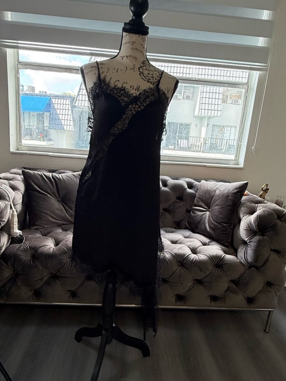 Elegant Black Satin & Eyelash Lace Slip Dress
